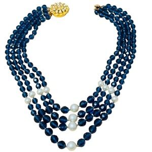 VTG Art Deco Czech faceted blue Glass necklace multi collar Flapper beads 16"